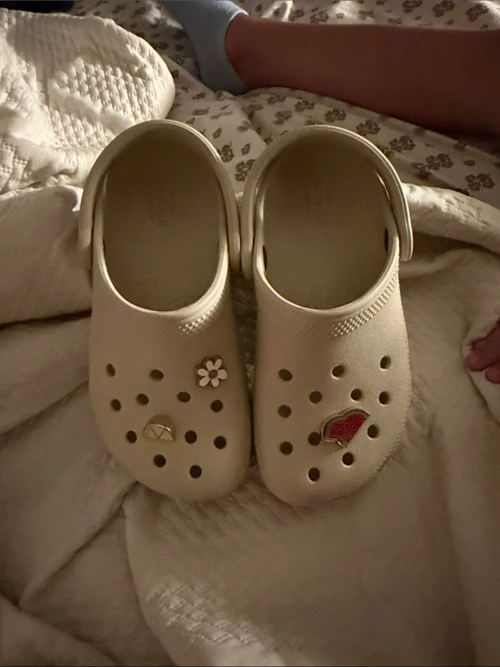 CROCS Kids Cream Clogs with Colorful Charms